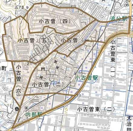 小古曽とその周辺の地図。町の範囲を重ねている