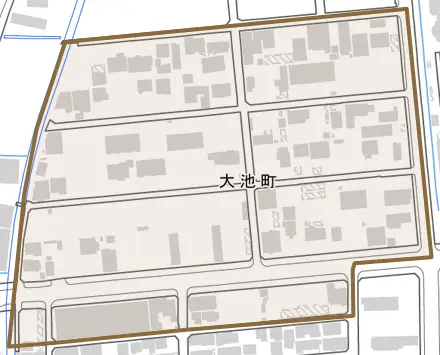 大池町とその周辺の地図。町の範囲を重ねている