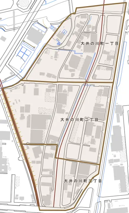 大井の川町とその周辺の地図。町の範囲を重ねている