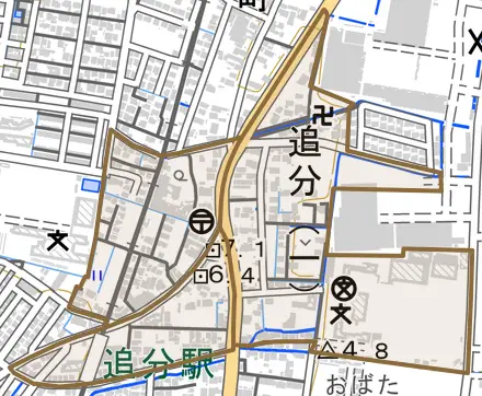 追分とその周辺の地図。町の範囲を重ねている