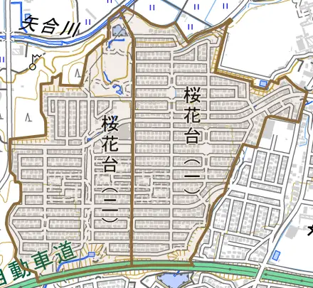 桜花台とその周辺の地図。町の範囲を重ねている