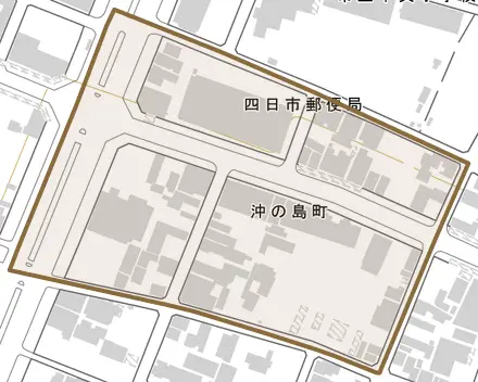 沖の島町とその周辺の地図。町の範囲を重ねている