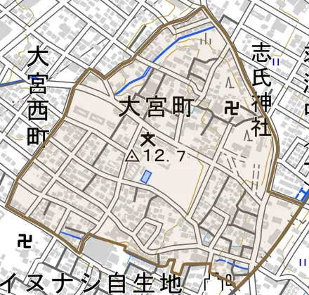 大宮町とその周辺の地図。町の範囲を重ねている