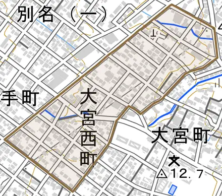 大宮西町とその周辺の地図。町の範囲を重ねている