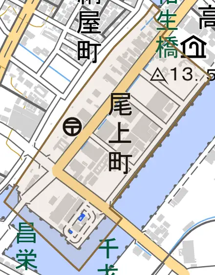 尾上町とその周辺の地図。町の範囲を重ねている