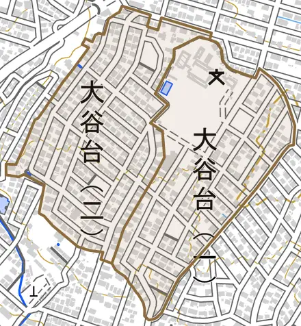大谷台とその周辺の地図。町の範囲を重ねている