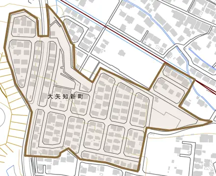 大矢知新町とその周辺の地図。町の範囲を重ねている