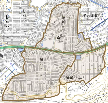 桜台とその周辺の地図。町の範囲を重ねている