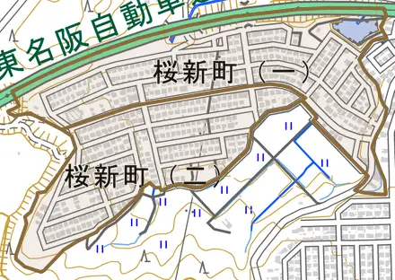 桜新町とその周辺の地図。町の範囲を重ねている