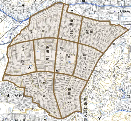 笹川とその周辺の地図。町の範囲を重ねている