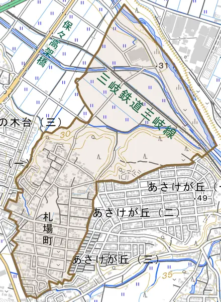 札場町とその周辺の地図。町の範囲を重ねている