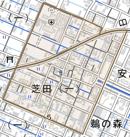 芝田とその周辺の地図。町の範囲を重ねている