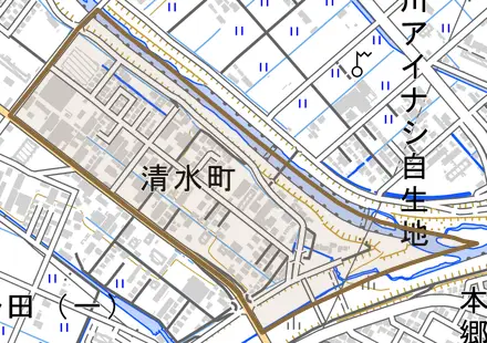 清水町とその周辺の地図。町の範囲を重ねている