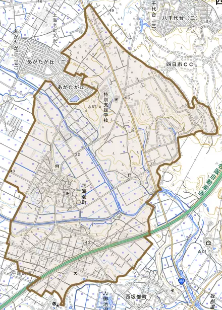下海老町とその周辺の地図。町の範囲を重ねている