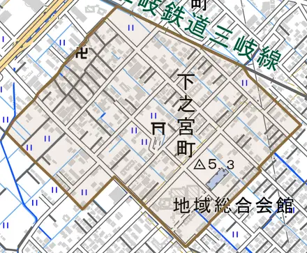 下之宮町とその周辺の地図。町の範囲を重ねている
