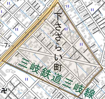 下さざらい町とその周辺の地図。町の範囲を重ねている