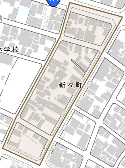 新々町とその周辺の地図。町の範囲を重ねている