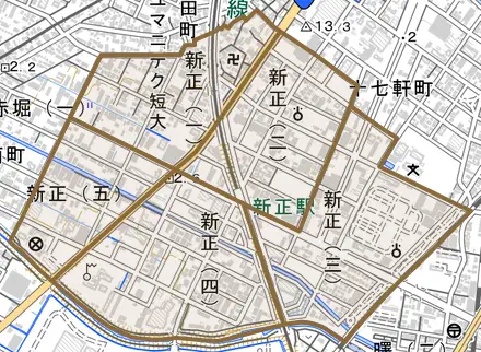 新正とその周辺の地図。町の範囲を重ねている
