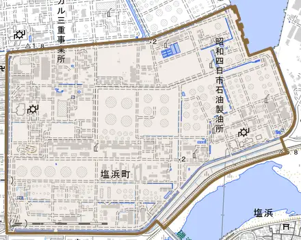 塩浜町とその周辺の地図。町の範囲を重ねている