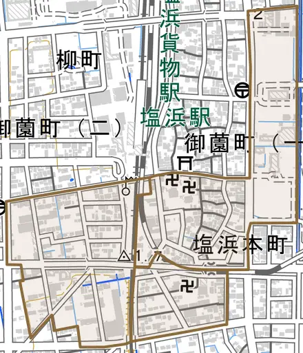 塩浜本町とその周辺の地図。町の範囲を重ねている