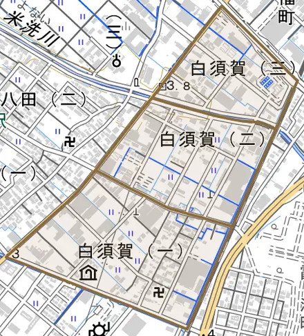 白須賀とその周辺の地図。町の範囲を重ねている