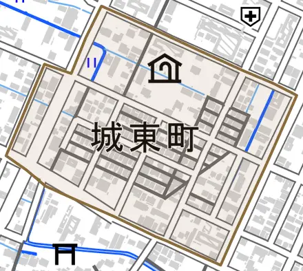 城東町とその周辺の地図。町の範囲を重ねている