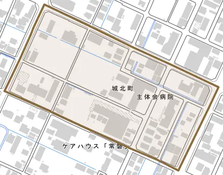 城北町とその周辺の地図。町の範囲を重ねている