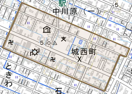 城西町とその周辺の地図。町の範囲を重ねている