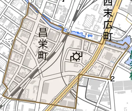 昌栄町とその周辺の地図。町の範囲を重ねている