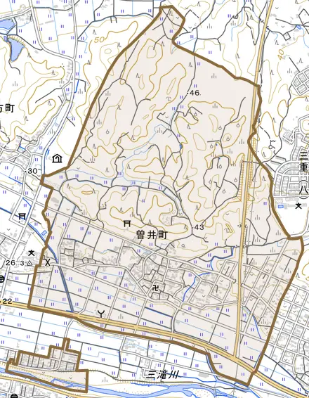 曽井町とその周辺の地図。町の範囲を重ねている
