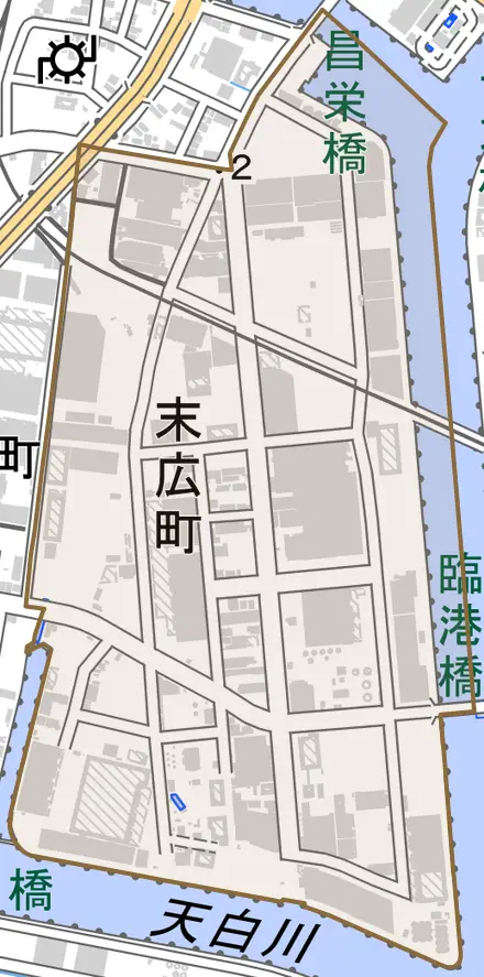 末広町とその周辺の地図。町の範囲を重ねている
