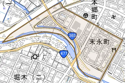 末永町とその周辺の地図。町の範囲を重ねている