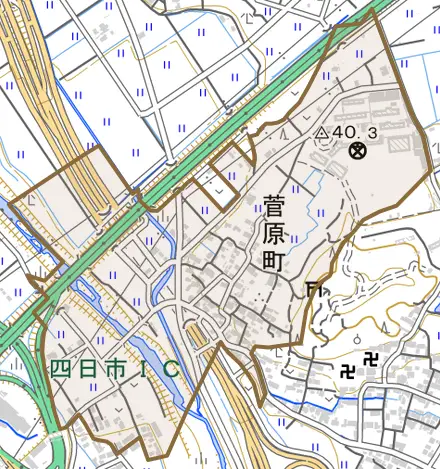 菅原町とその周辺の地図。町の範囲を重ねている