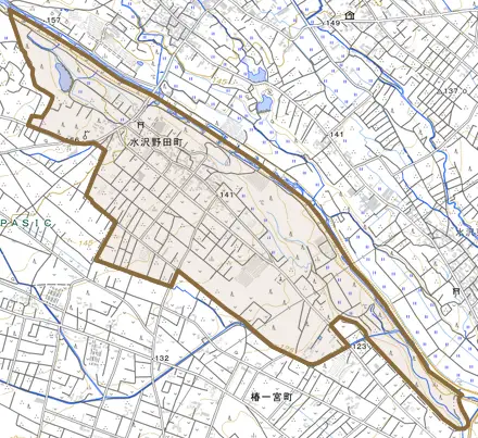 水沢野田町とその周辺の地図。町の範囲を重ねている