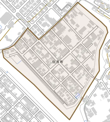 住吉町とその周辺の地図。町の範囲を重ねている