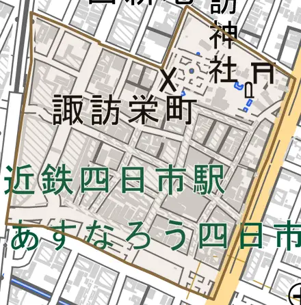 諏訪栄町とその周辺の地図。町の範囲を重ねている