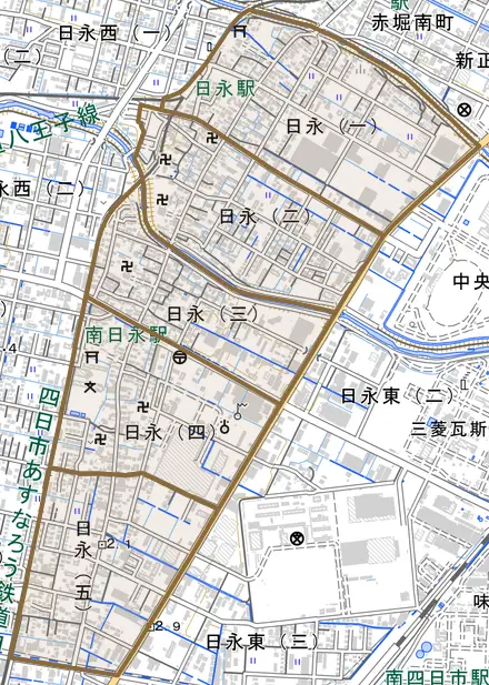 日永とその周辺の地図。町の範囲を重ねている