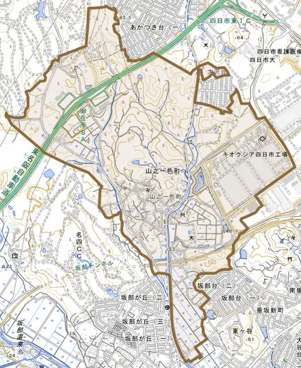 山之一色町とその周辺の地図。町の範囲を重ねている