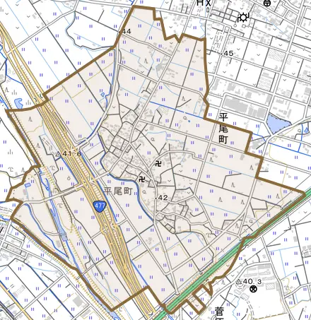 平尾町とその周辺の地図。町の範囲を重ねている