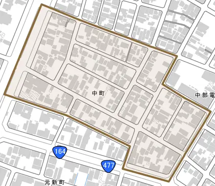 中町とその周辺の地図。町の範囲を重ねている