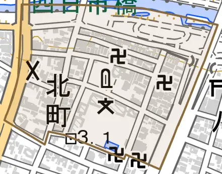北町とその周辺の地図。町の範囲を重ねている