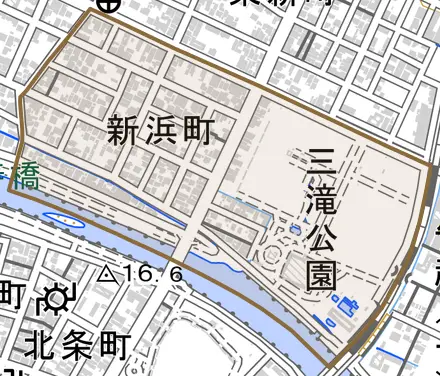 新浜町とその周辺の地図。町の範囲を重ねている