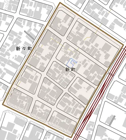 新町とその周辺の地図。町の範囲を重ねている