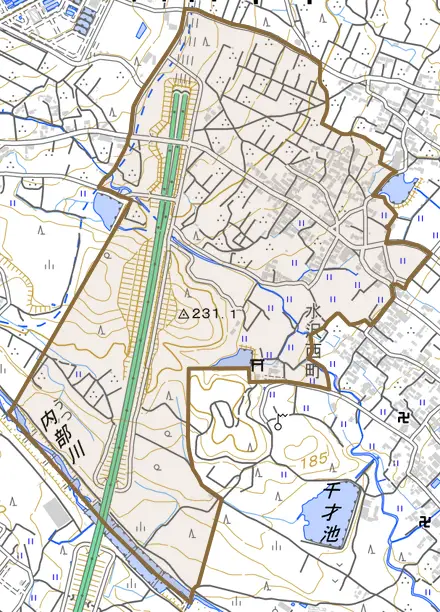 三本松町とその周辺の地図。町の範囲を重ねている