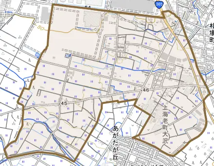 上海老町大沢とその周辺の地図。町の範囲を重ねている