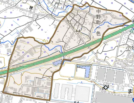 中野町一色とその周辺の地図。町の範囲を重ねている