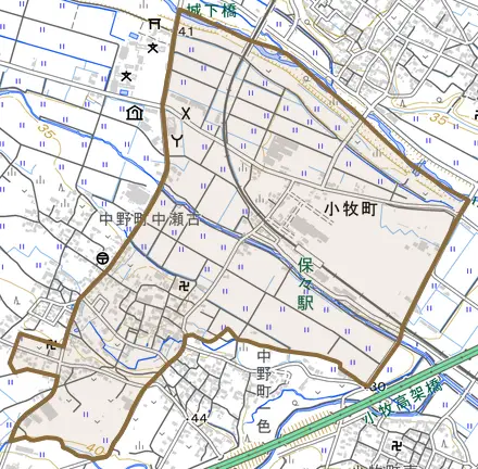 中野町中瀬古とその周辺の地図。町の範囲を重ねている