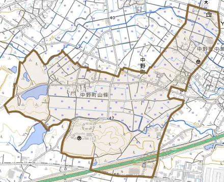 中野町山条とその周辺の地図。町の範囲を重ねている