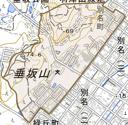 別名町とその周辺の地図。町の範囲を重ねている