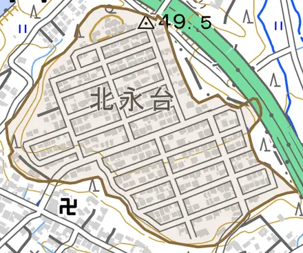 北永台とその周辺の地図。町の範囲を重ねている